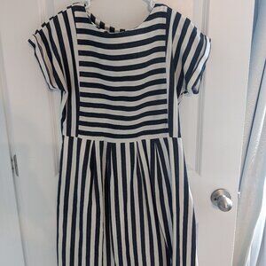 Navy & Cream Striped Denim Short Sleeve A-Line Dress - Size Medium
